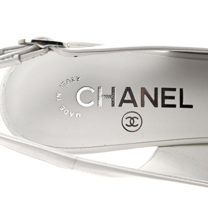 Chanel Goatskin Grosgrain Pointed Cap Toe CC Slingback Pumps 37.5 White Black 8 of 10
