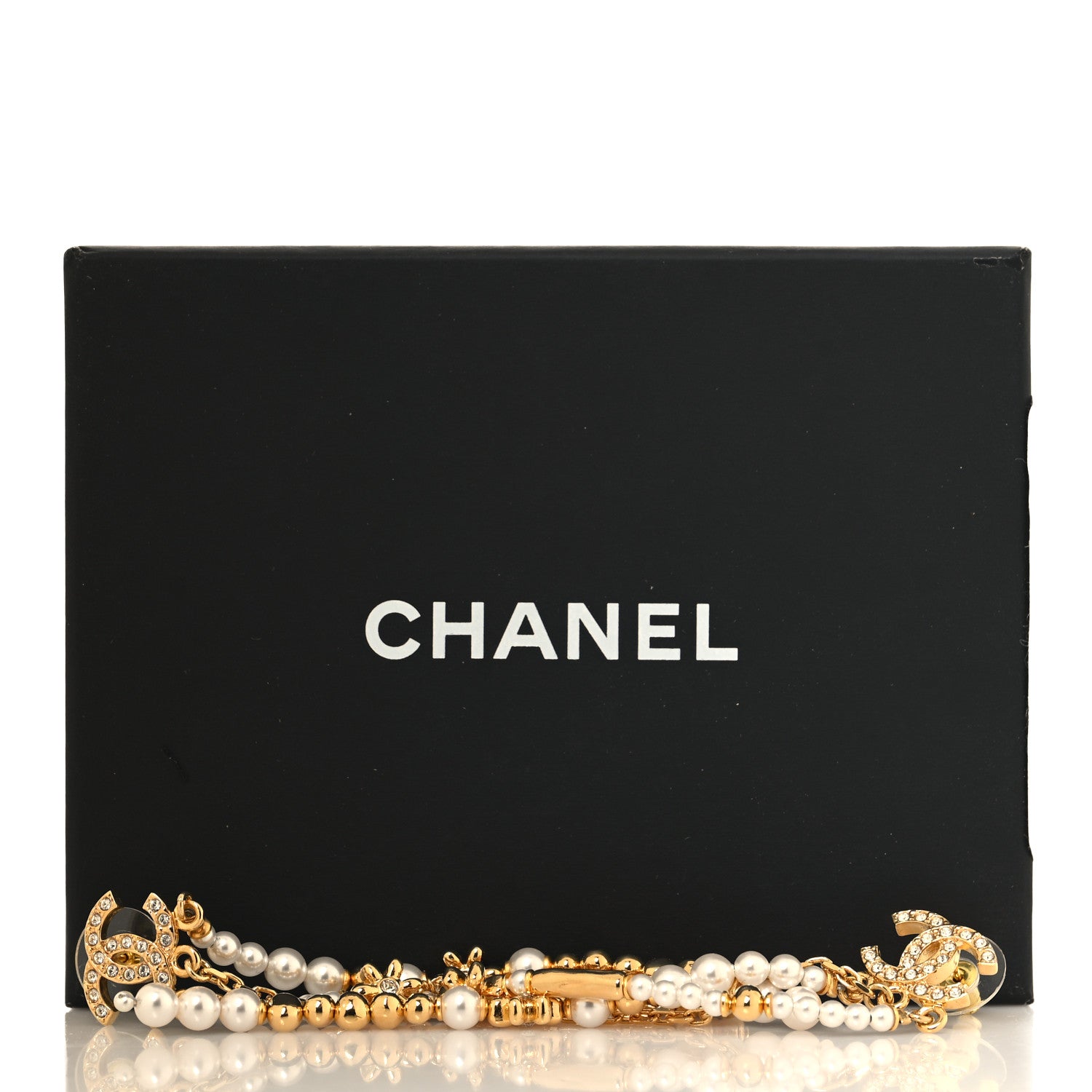 Chanel Pearl Crystal CC Flower Chain Multi Drop Earrings Gold 5 of 5
