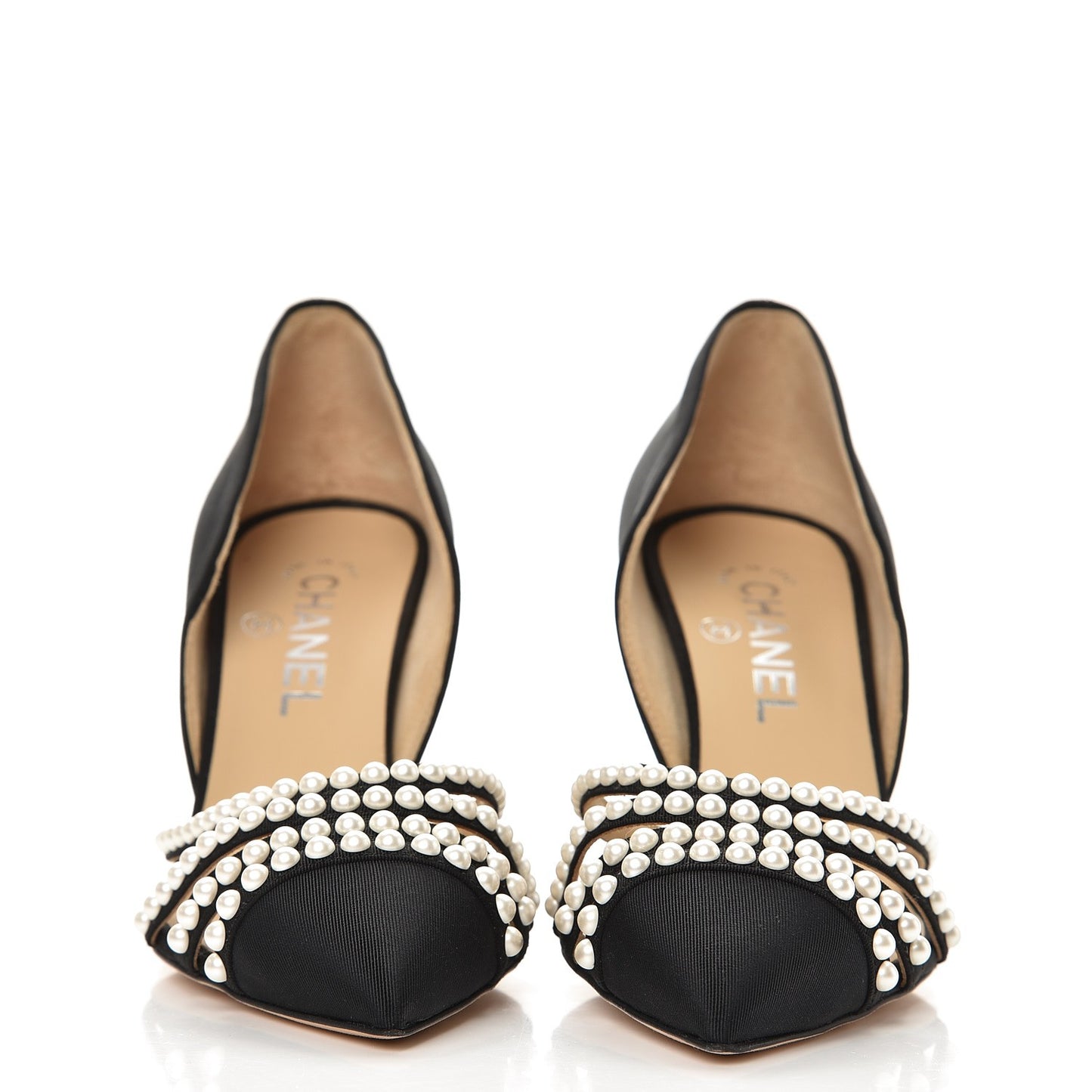 Satin Grosgrain Pearl Pumps 38 Black
