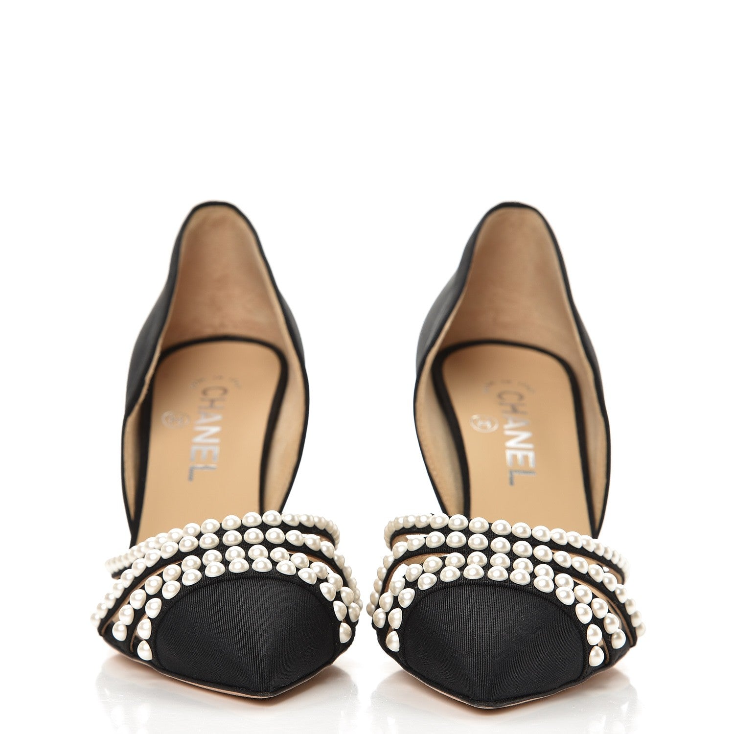 Chanel Satin Grosgrain Pearl Pumps 38 Black 2 of 8