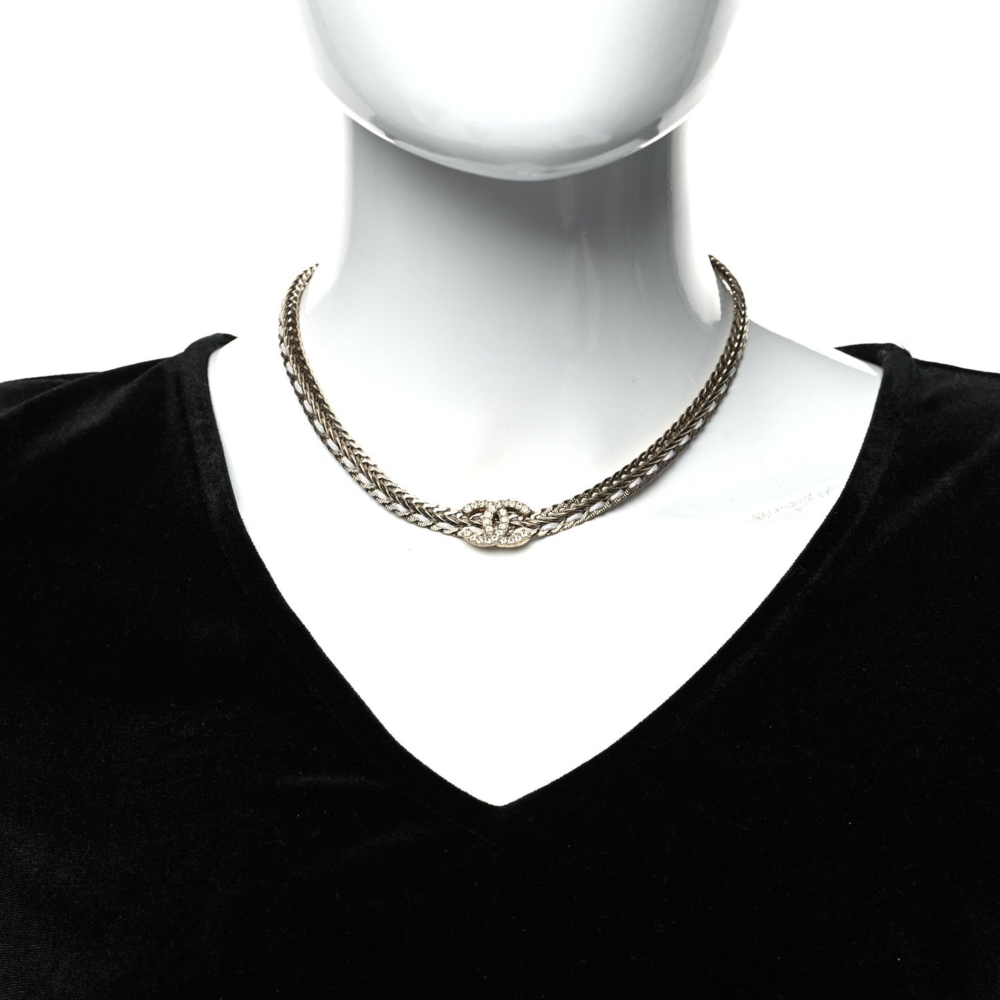 Metal Lambskin Crystal Chain CC Necklace White Gold
