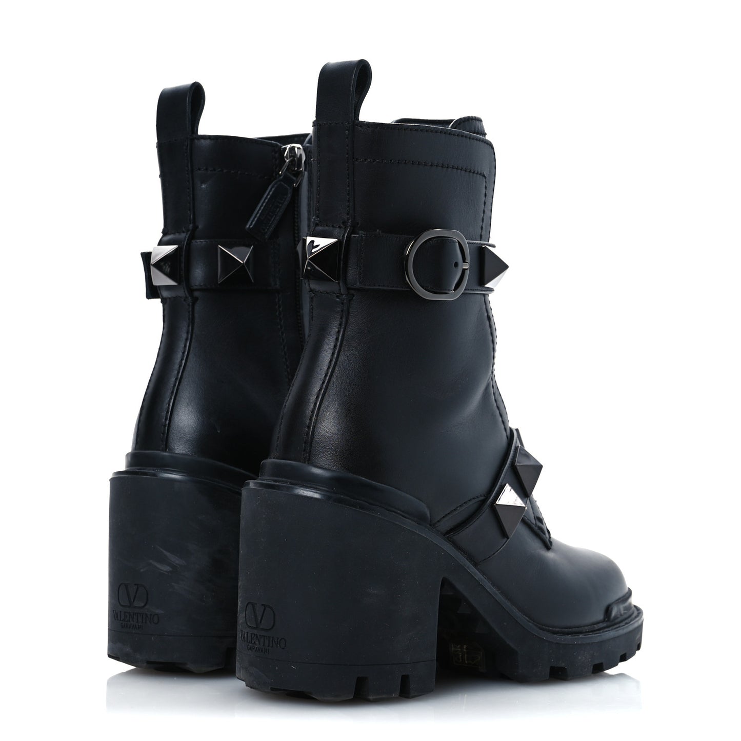 Calfskin Tonal Roman Stud Combat Boots 35.5 Black