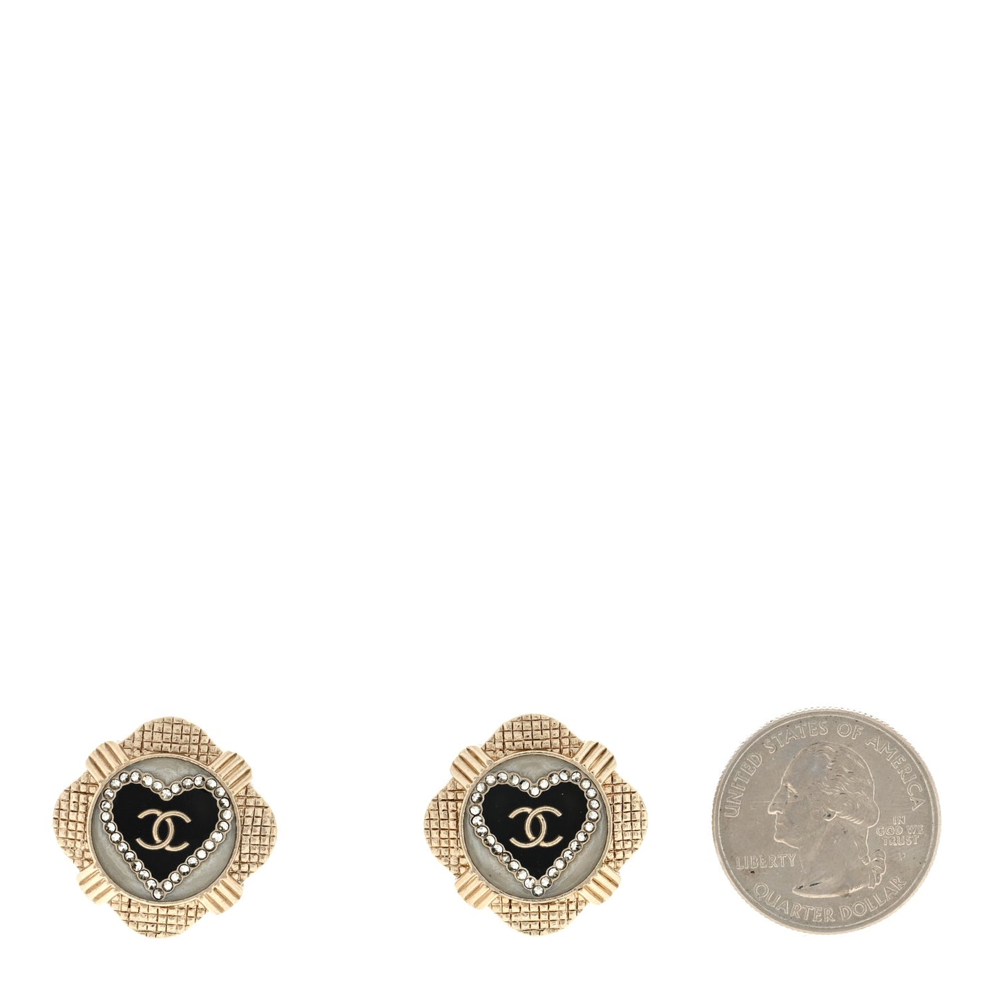 Resin Crystal Quilted CC Heart Earrings Gold Black