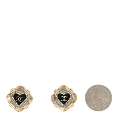 Chanel Resin Crystal Quilted CC Heart Earrings Gold Black 2 of 4