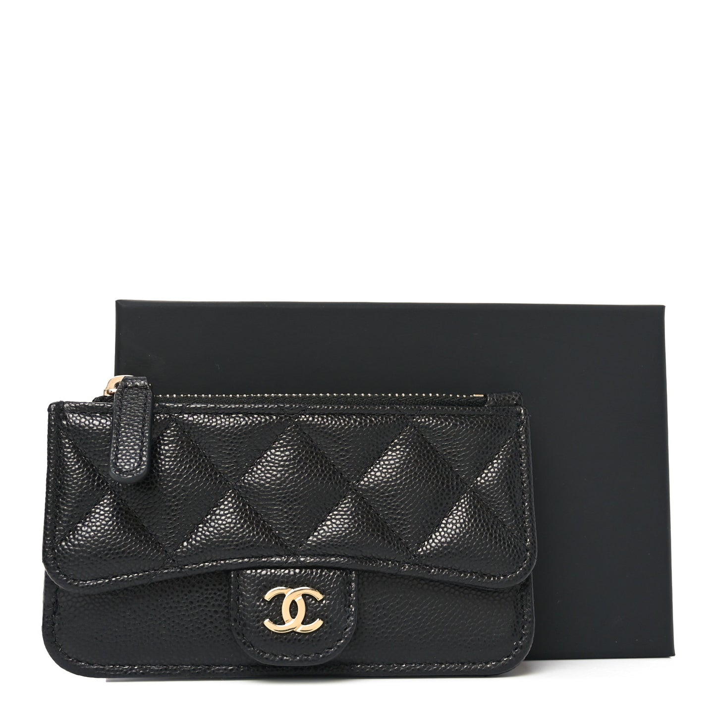 Caviar Quilted Flap Zip Card Holder Black