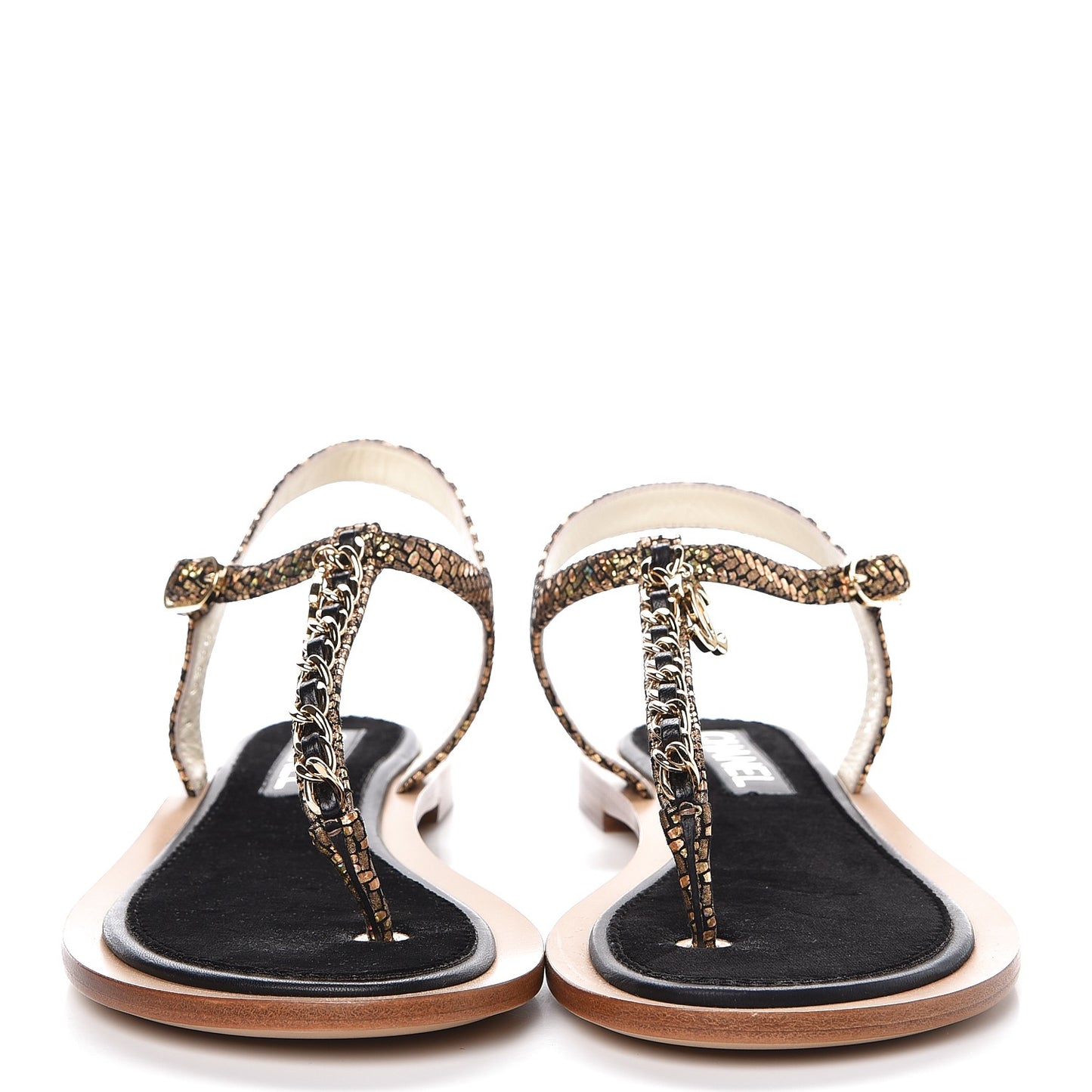 Fantasy Goatskin Suede CC Chain Thong Sandals 37.5 Gold Black
