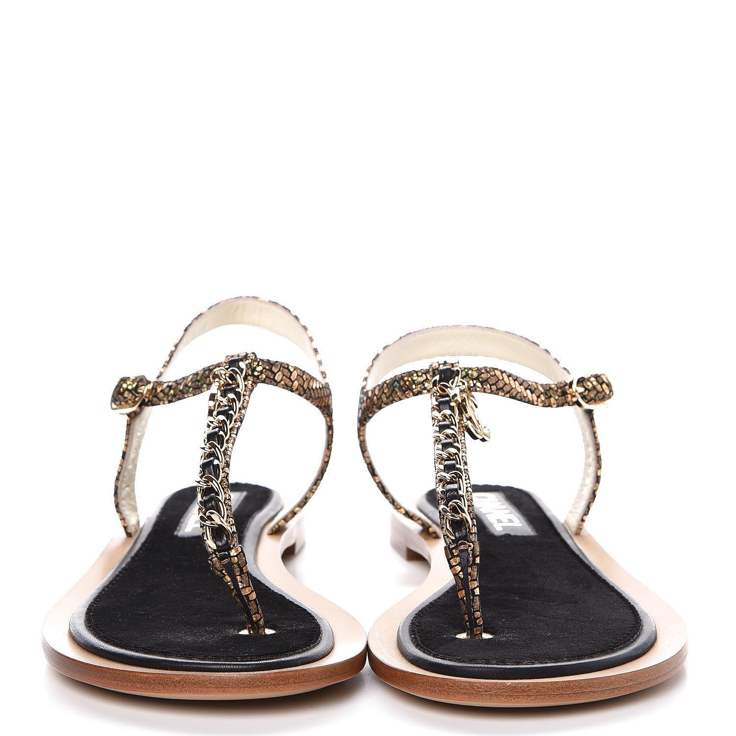 Chanel Fantasy Goatskin Suede CC Chain Thong Sandals 37.5 Gold Black 2 of 9