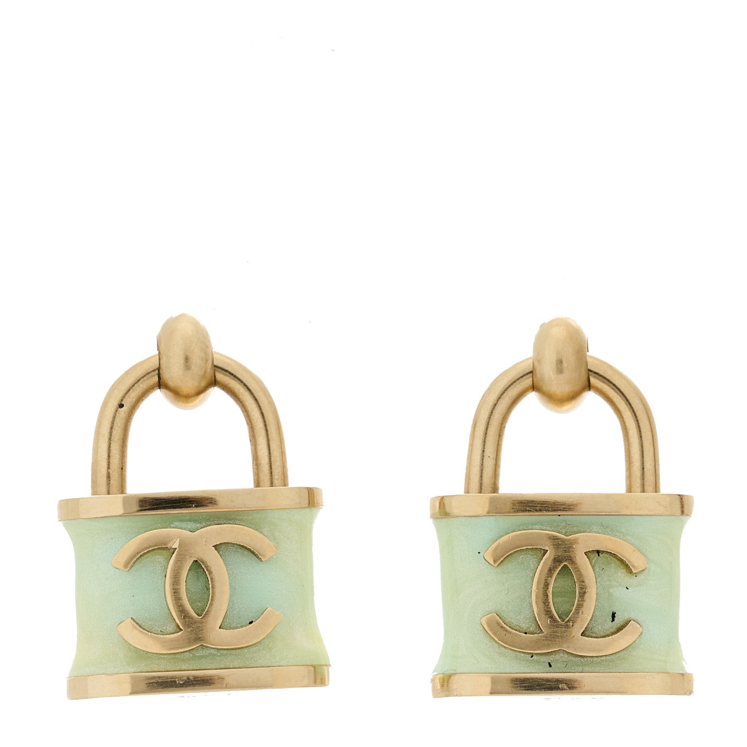 Chanel Resin Glitter Padlock CC Hoop Earrings Blue Gold 1 of 5