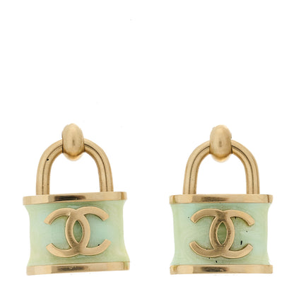 Chanel Resin Glitter Padlock CC Hoop Earrings Blue Gold 1 of 5