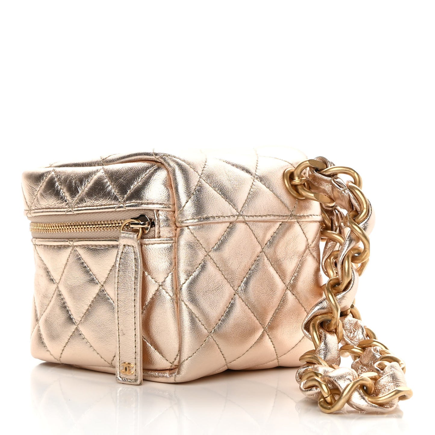 Metallic Lambskin Quilted Cube Chain Wristlet Case Gold