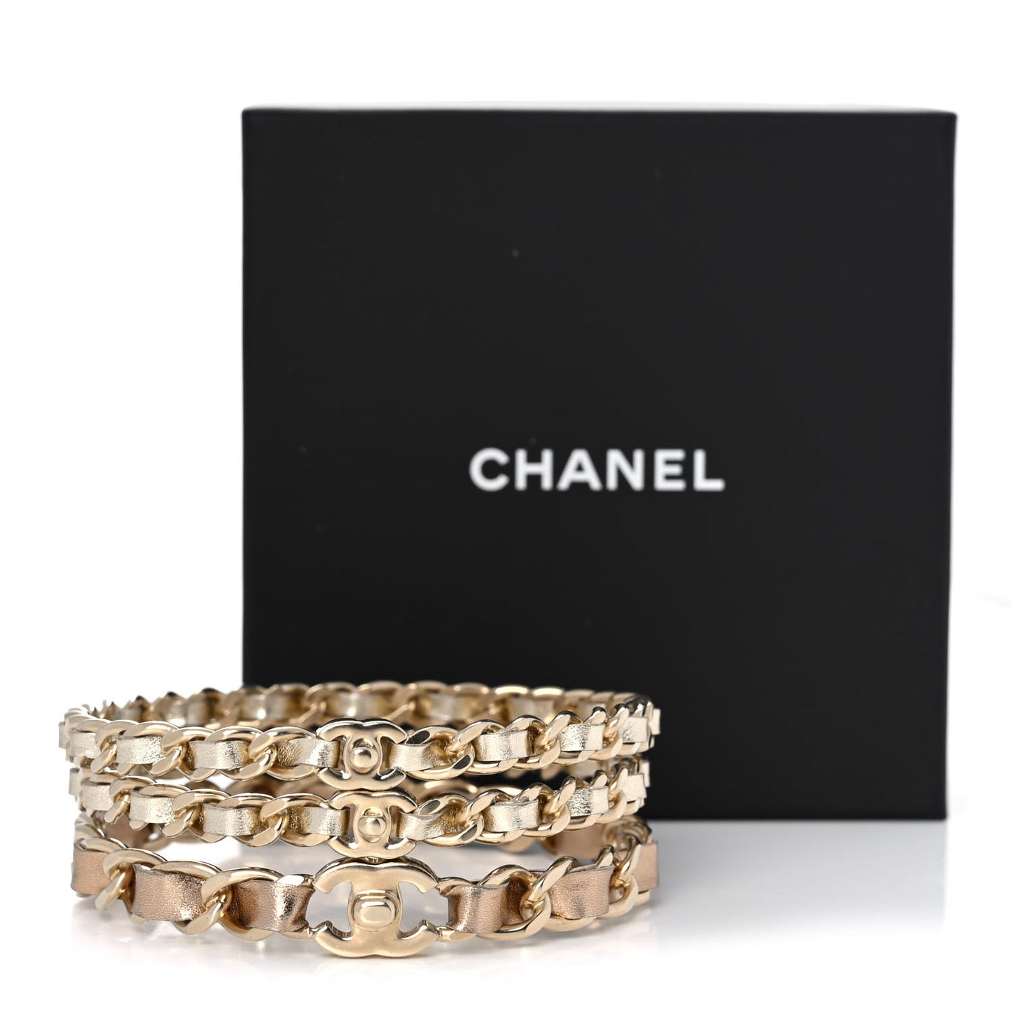 Lambskin Chain CC Bangle Bracelets Set of 3 L Gold