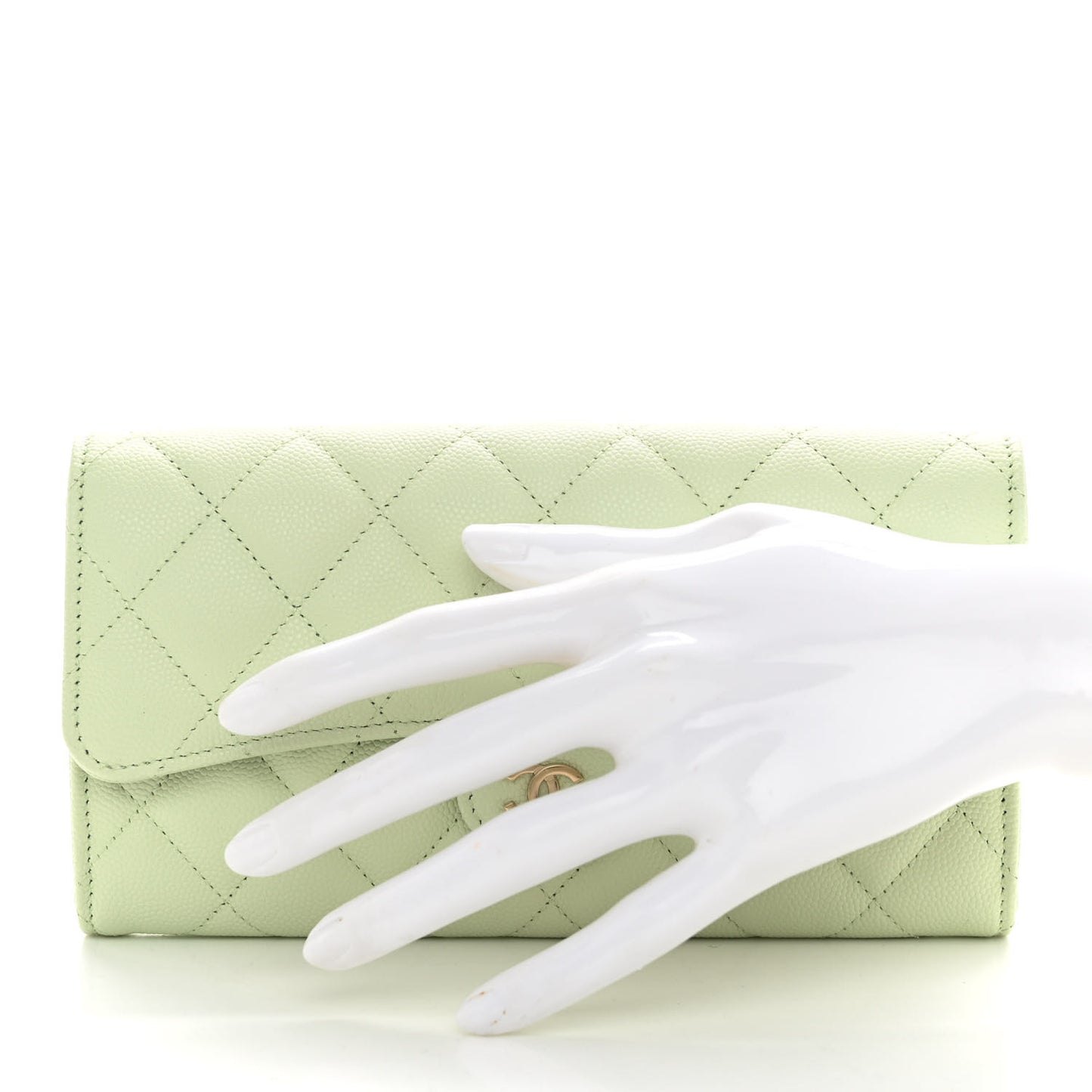 Caviar Quilted Large Gusset Flap Wallet Light Green