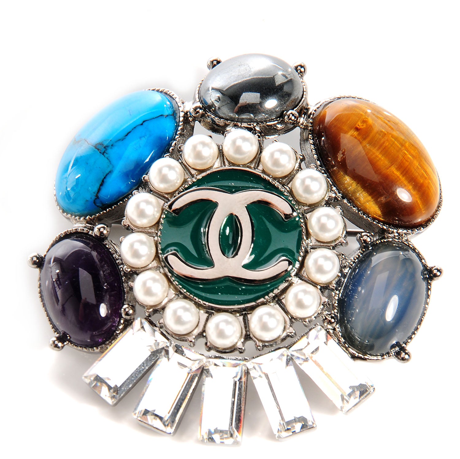 Chanel Pearl Crystal Baguette Gemstone Stone CC Brooch 1 of 7