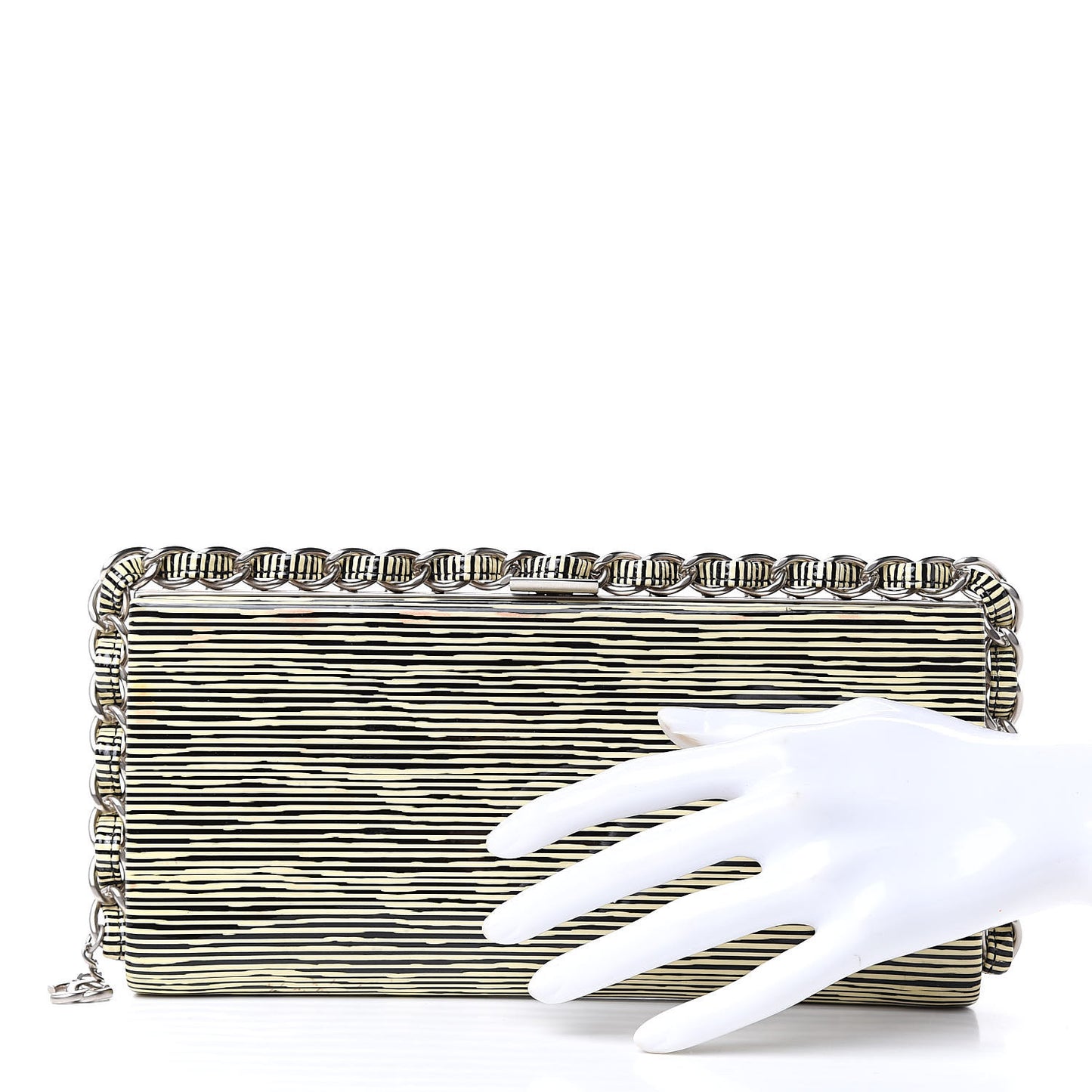 Patent Calfskin Striped Clutch Black