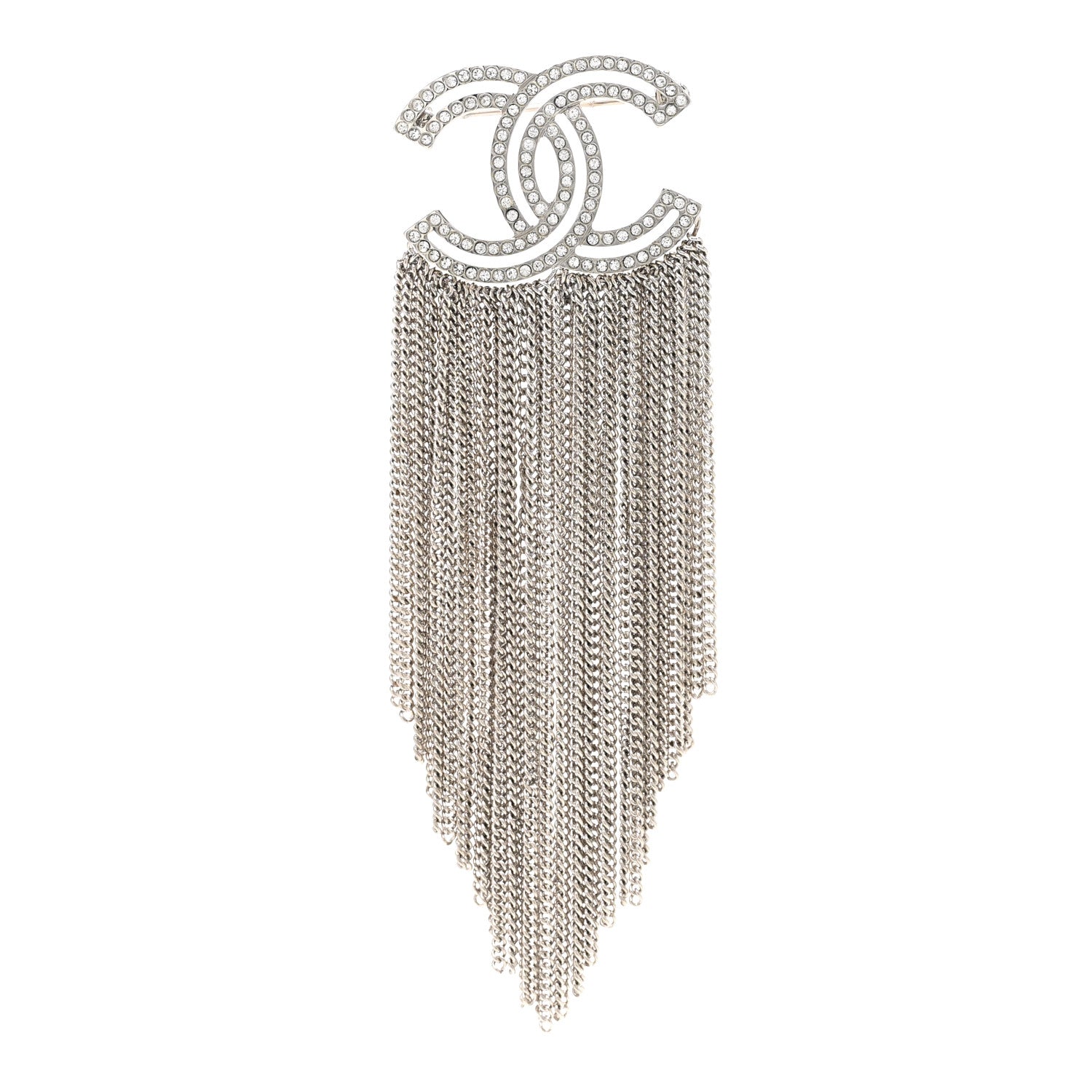 Chanel Crystal Chain Fringe CC Brooch Silver 1 of 4