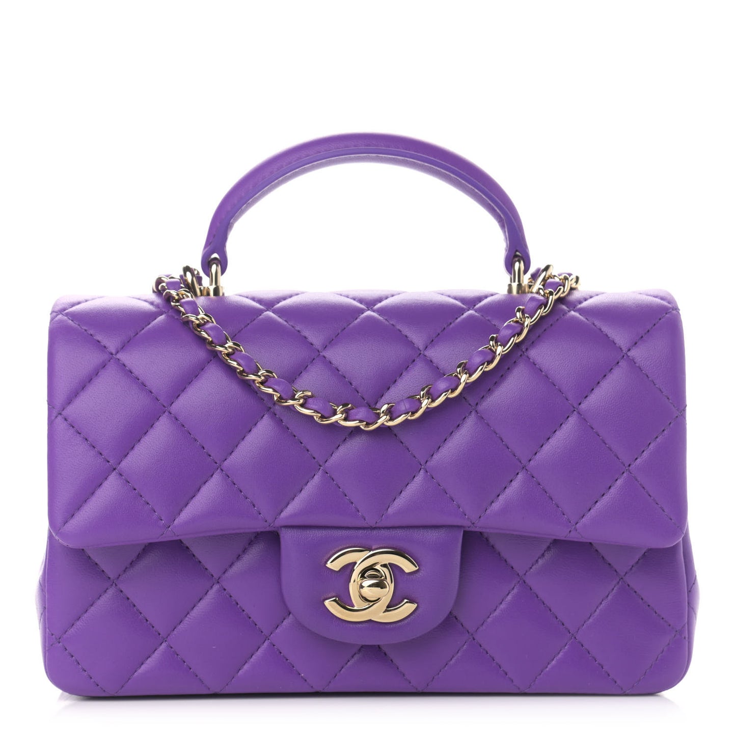 Lambskin Quilted Mini Top Handle Rectangular Flap Purple