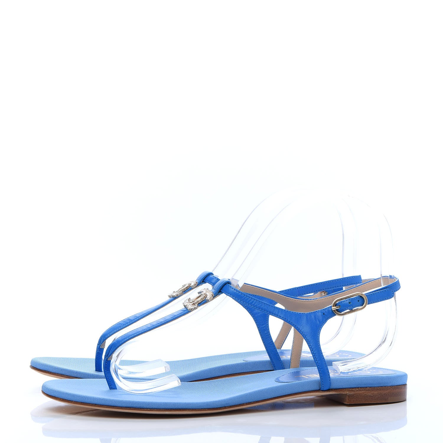 Chanel Shiny Kidskin CC Logo Thong Sandals 39 Blue 3 of 7