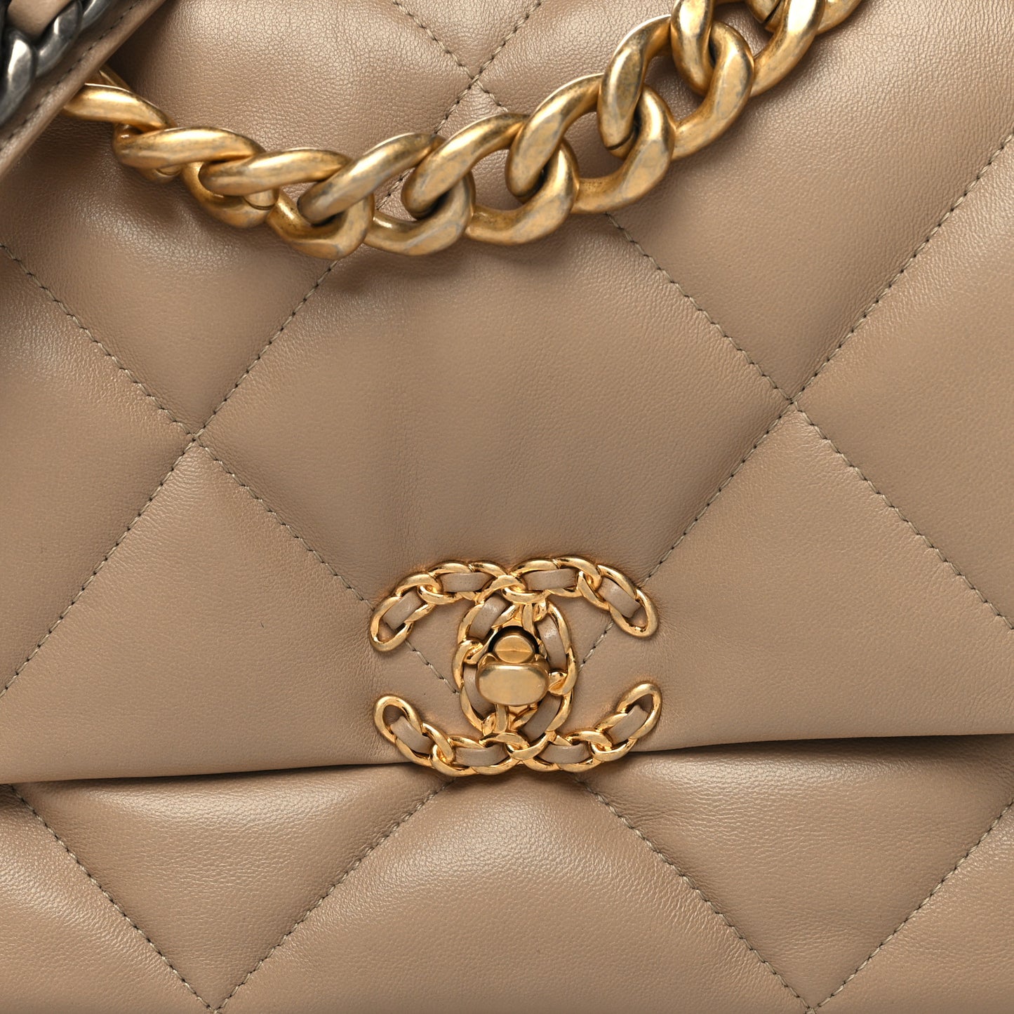 Lambskin Quilted Large Chanel 19 Flap Dark Beige