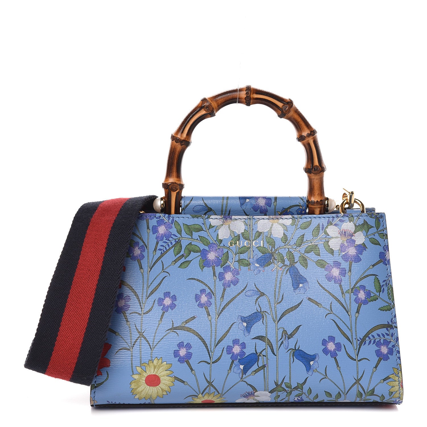 Gucci Calfskin Bamboo Web New Flora Mini Nymphaea Top Handle Bag Azure 1 of 11