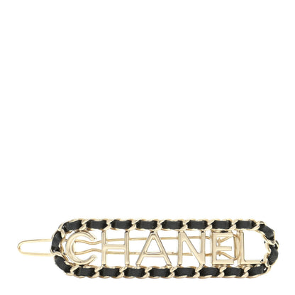 Chanel Metal Lambskin Vintage Allure Logo Hair Clip Black Gold 1 of 6