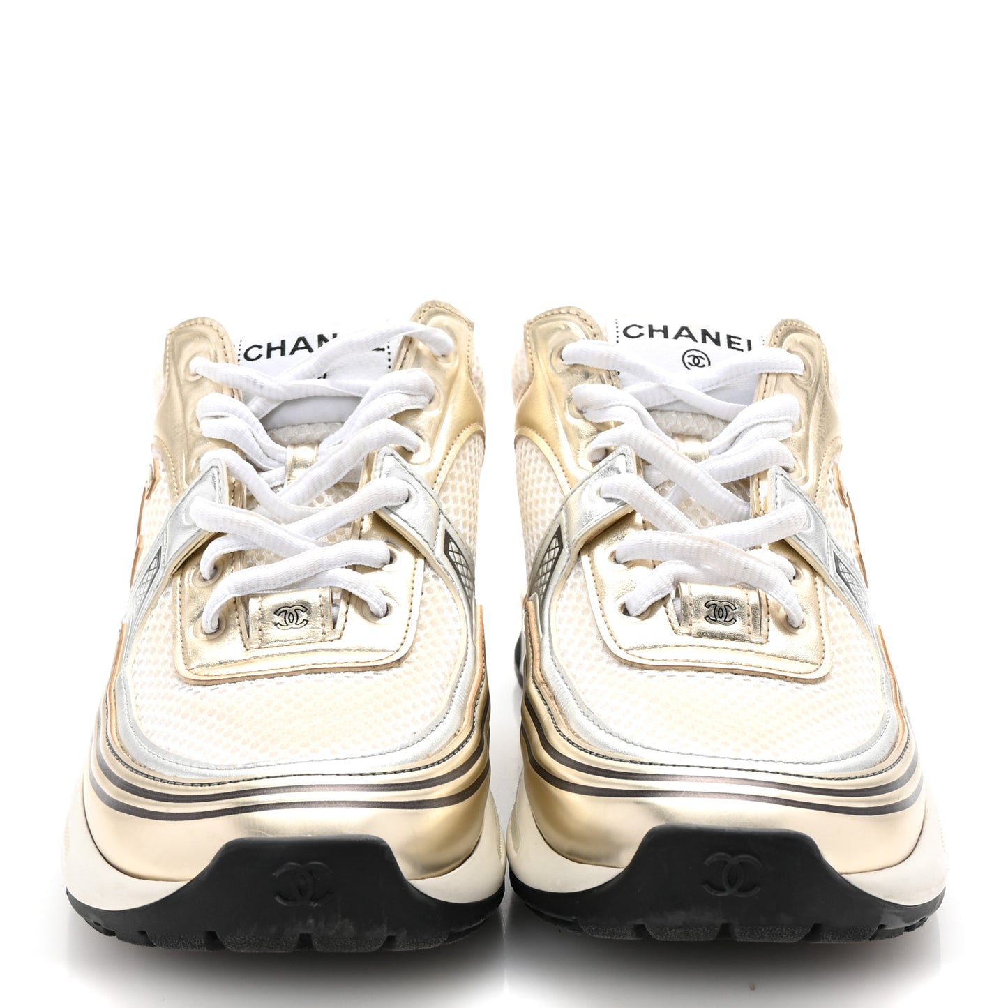 Fabric Laminated Calfskin Stretch CC Sneakers 38.5 White Gold Silver