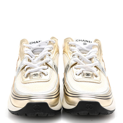 Chanel Fabric Laminated Calfskin Stretch CC Sneakers 38.5 White Gold Silver 3 of 10