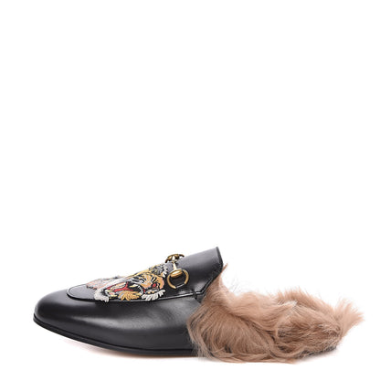 Gucci Calfskin Lambswool Tiger Embroidered Womens Princetown Slippers 39.5 Black 1 of 8