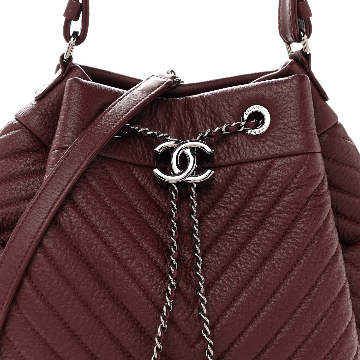 Chanel Deerskin Chevron Medium CC Chain Bucket Drawstring Bag Burgundy 8 of 12