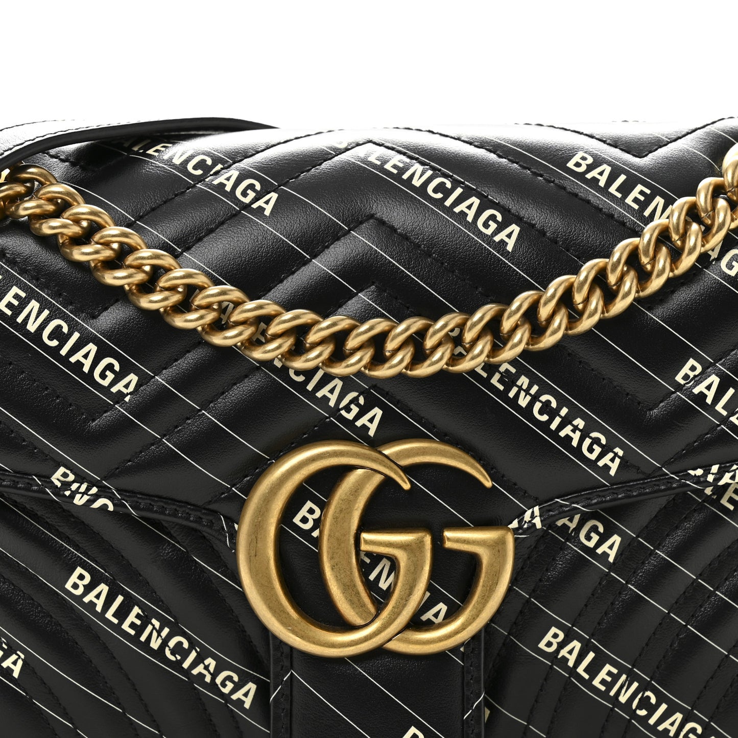 X BALENCIAGA Calfskin Matelasse Logo Print Small GG Marmont Shoulder Bag Black