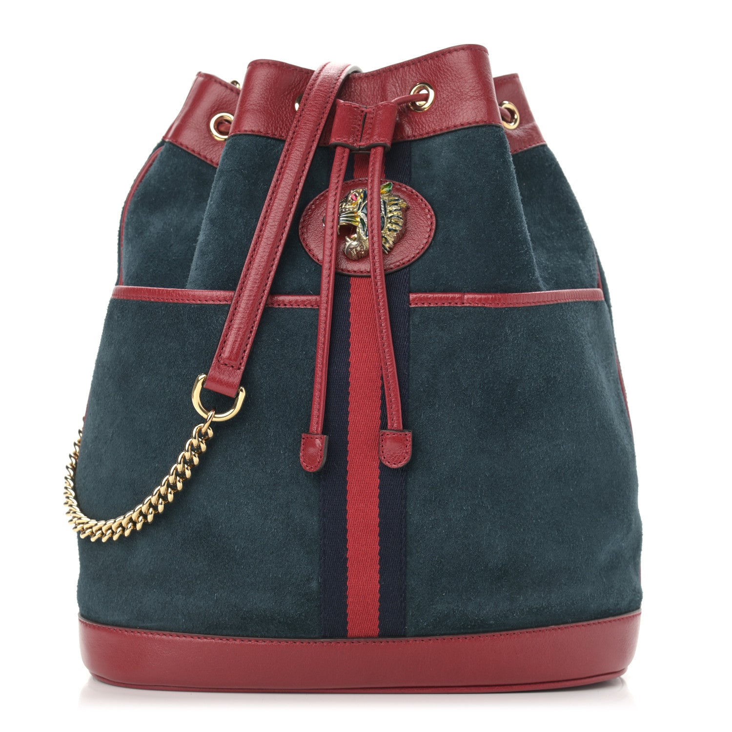 Gucci Suede Calfskin Web Medium Rajah Bucket Bag New Blue Romantic Cherry 1 of 10