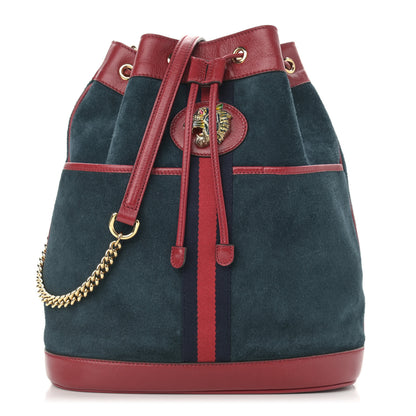 Gucci Suede Calfskin Web Medium Rajah Bucket Bag New Blue Romantic Cherry 1 of 10