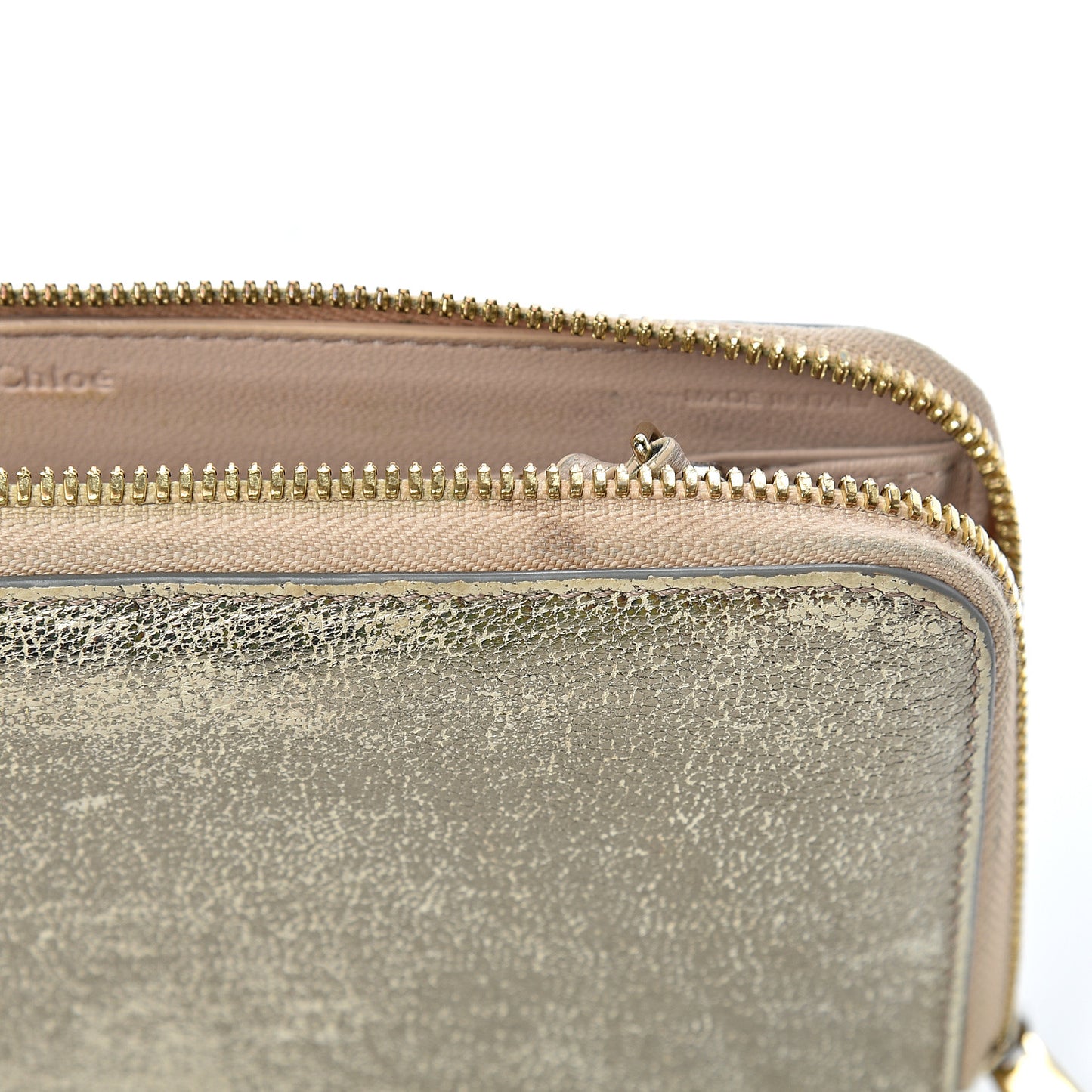 Metallic Calfskin Zip Around Wallet Gold