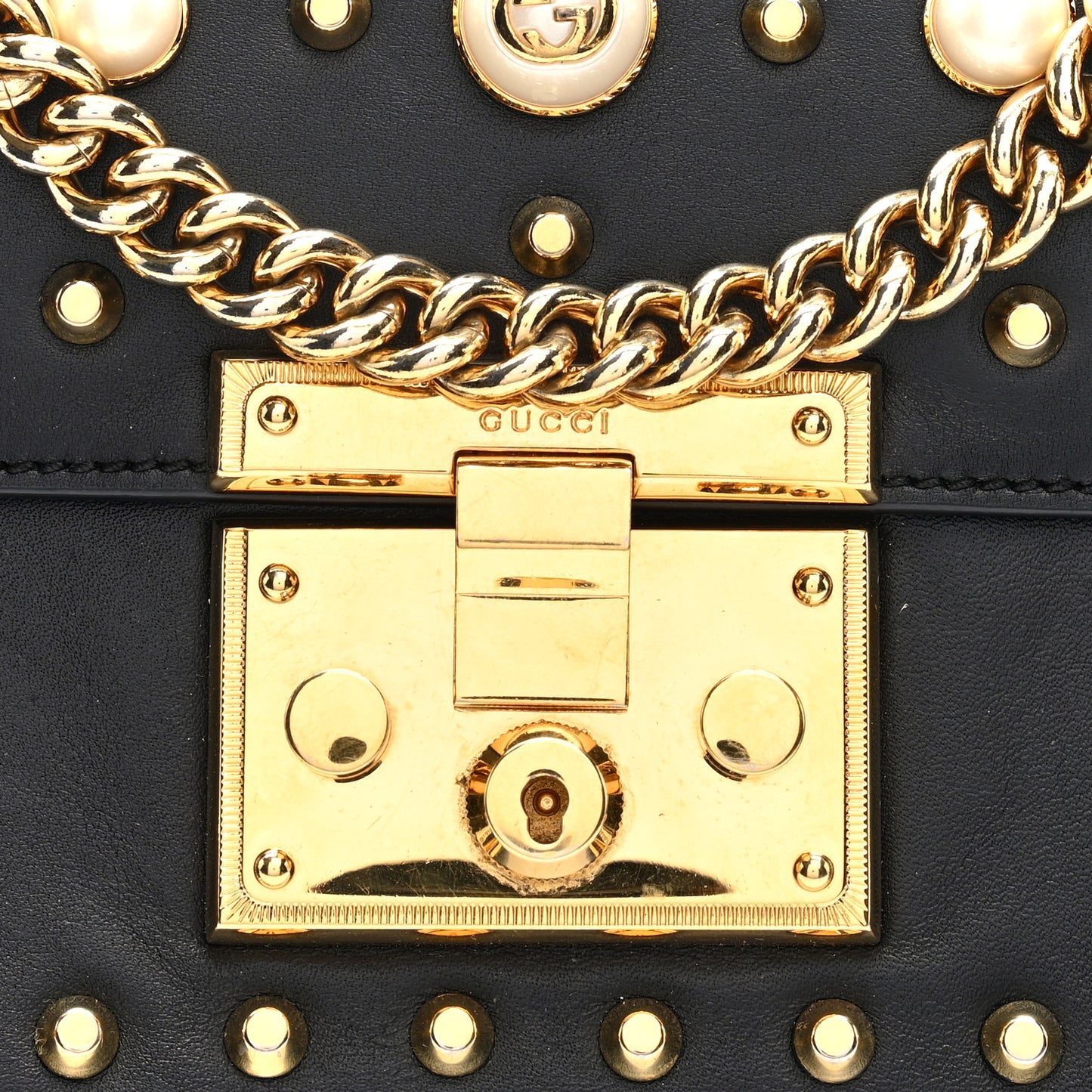 Calfskin Studded Small Padlock Shoulder Bag Black