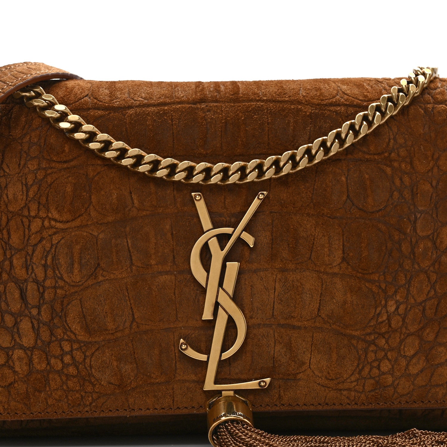 Saint Laurent Crocodile Embossed Suede Monogram Tassel Kate 99 Tan 7 of 13