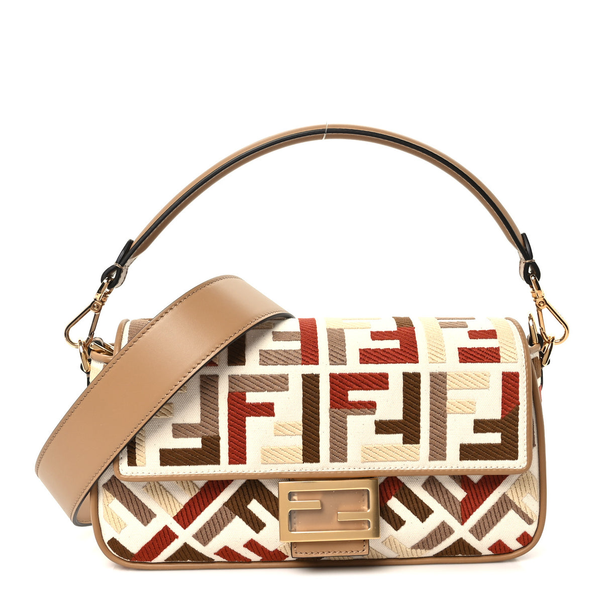 Canvas Vitello Seta FF Embroidered Baguette Grezzo Soft Gold Multicolor