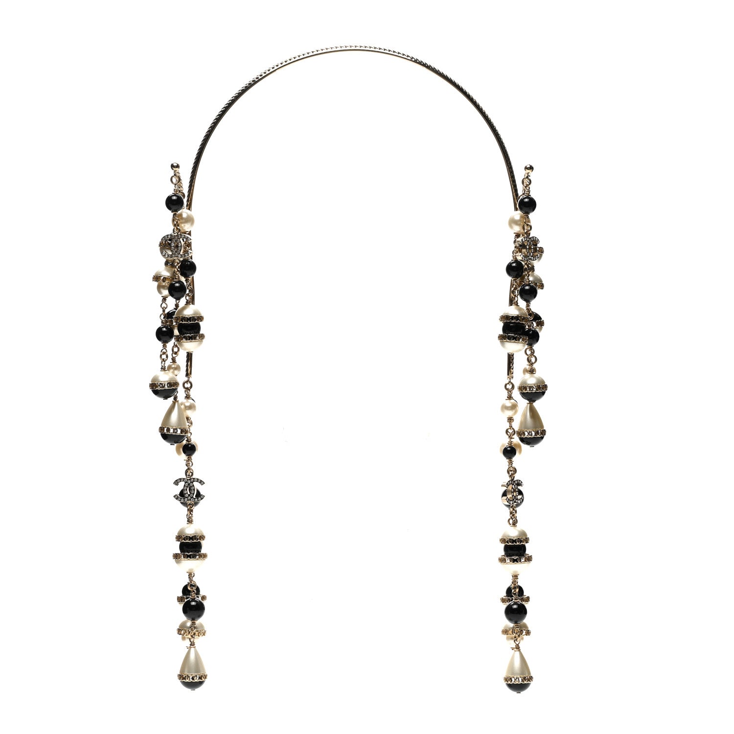 Chanel Metal Crystal Pearl Multi Strand Headband Gold Black 1 of 5