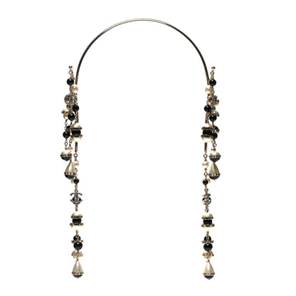 Chanel Metal Crystal Pearl Multi Strand Headband Gold Black 1 of 5