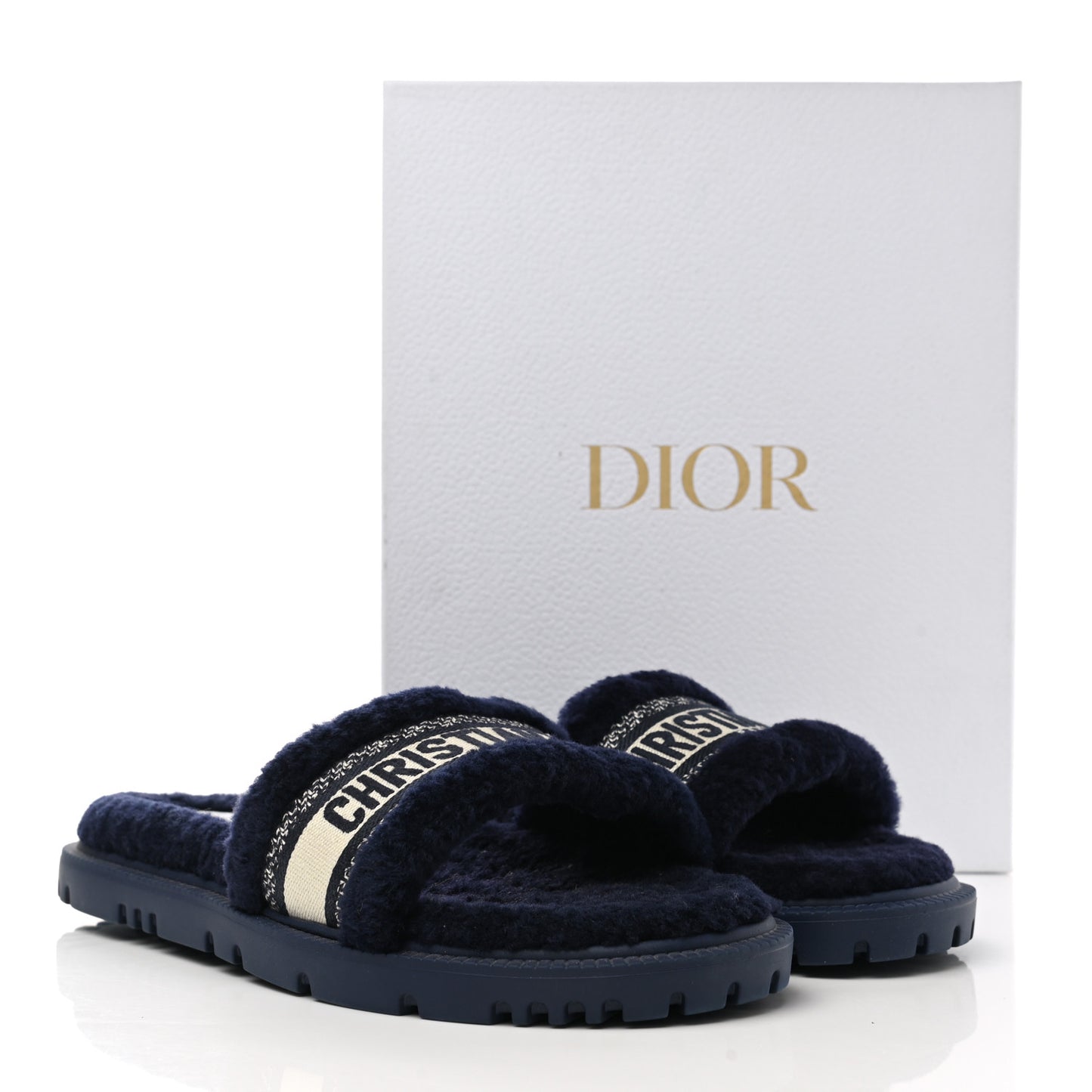 Shearling Canvas Embroidered Dway 10mm Slide Sandals 41 Deep Blue Natural