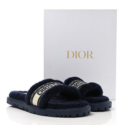Christian Dior Shearling Canvas Embroidered Dway 10mm Slide Sandals 41 Deep Blue Natural 8 of 8