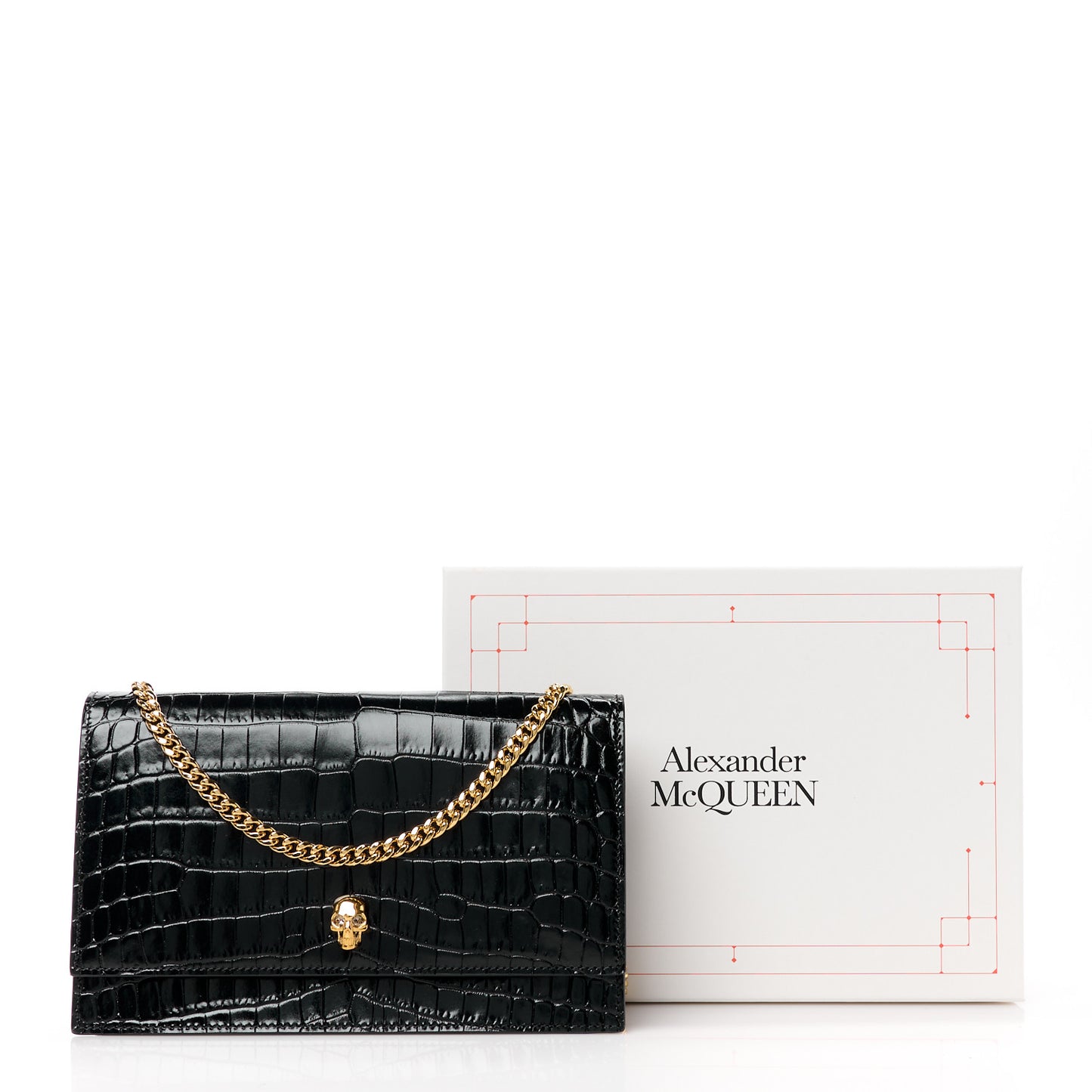 Calfskin Crocodile Embossed Skull Medium Shoulder Bag Black