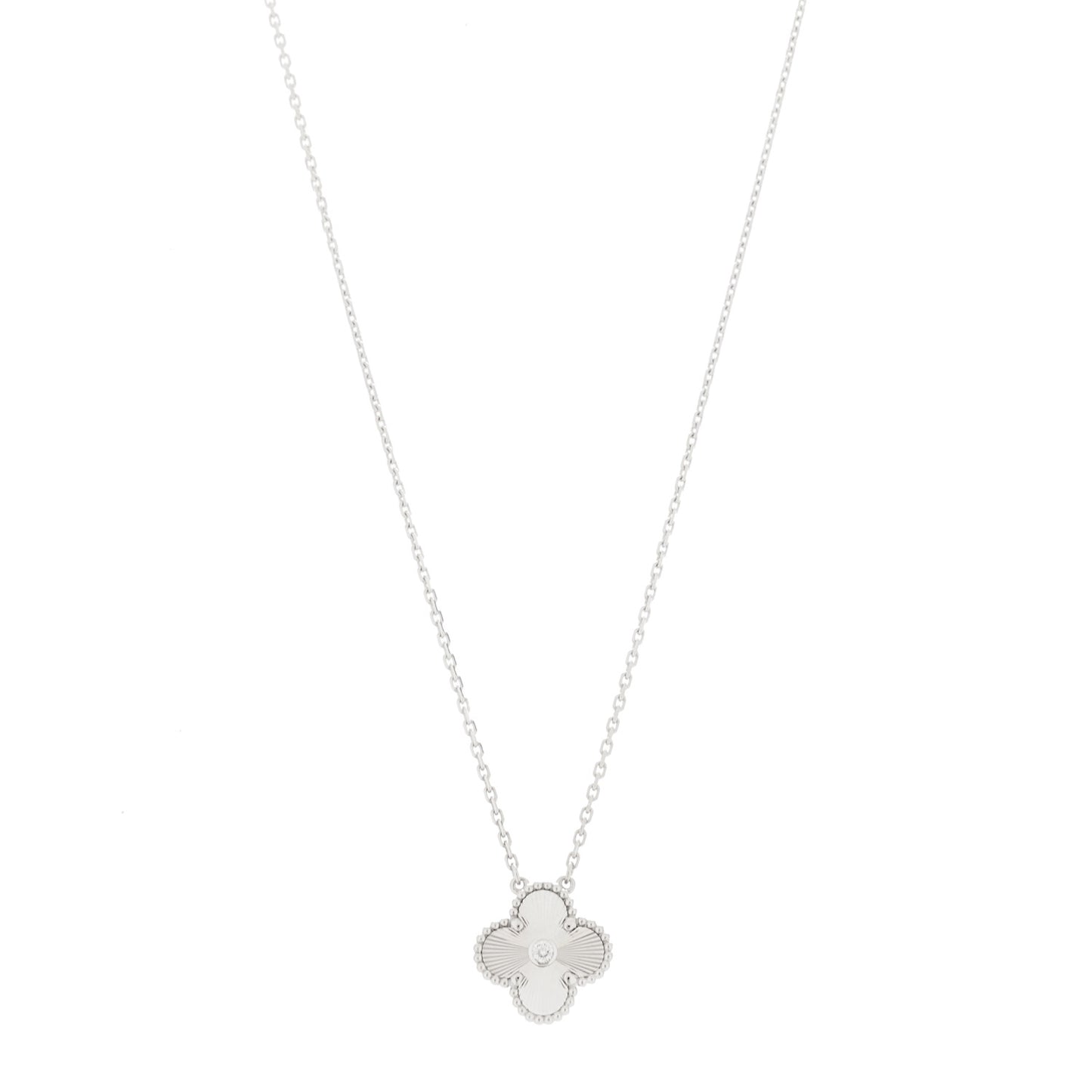 18K White Gold Diamond Guilloche Vintage Alhambra Pendant Necklace