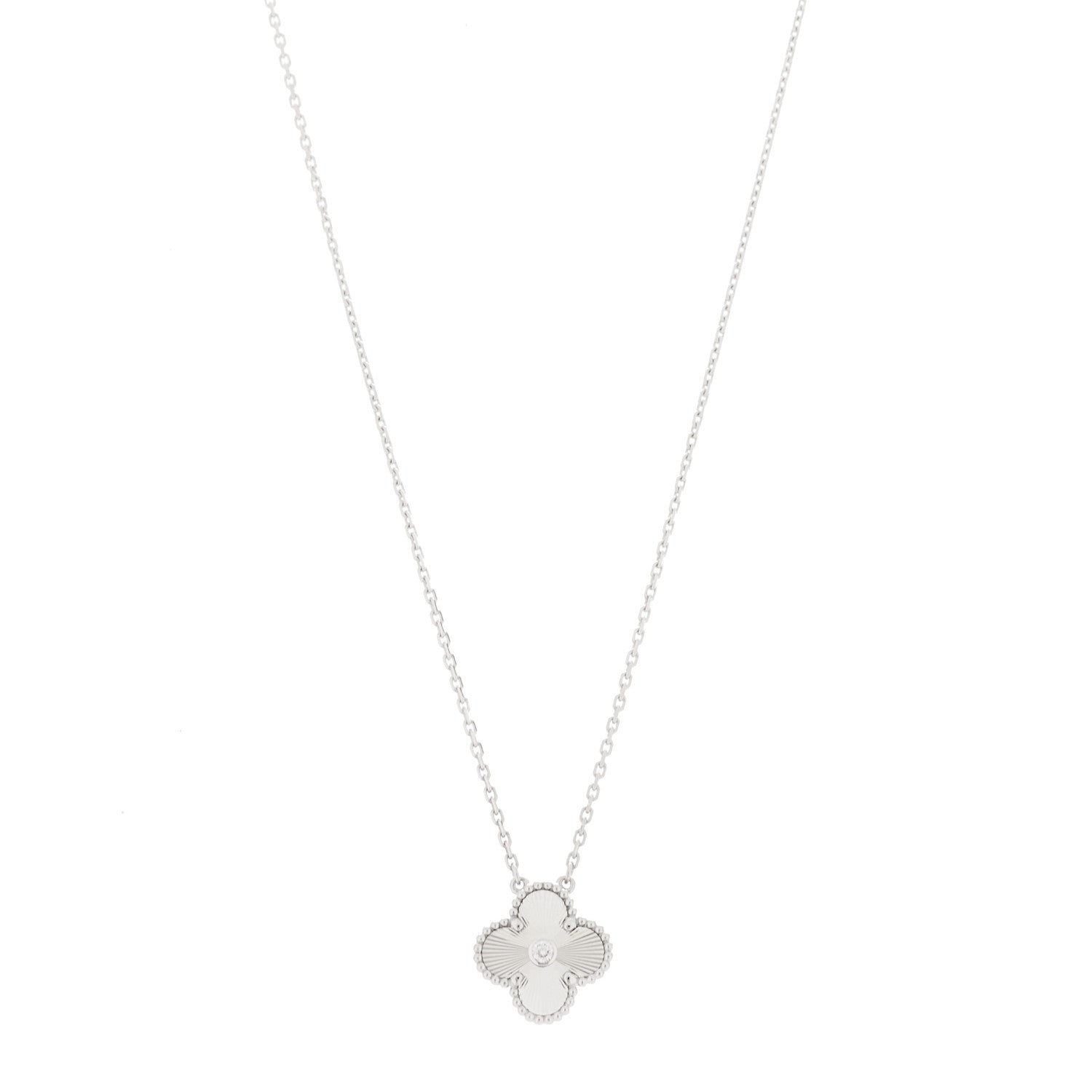 Van Cleef & Arpels 18K White Gold Diamond Guilloche Vintage Alhambra Pendant Necklace 1 of 5