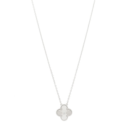 Van Cleef & Arpels 18K White Gold Diamond Guilloche Vintage Alhambra Pendant Necklace 1 of 5
