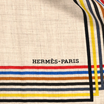 Hermes Cashmere Silk Encadre Liste Au Fil Shawl 140 Naturel Black Jaune 3 of 3