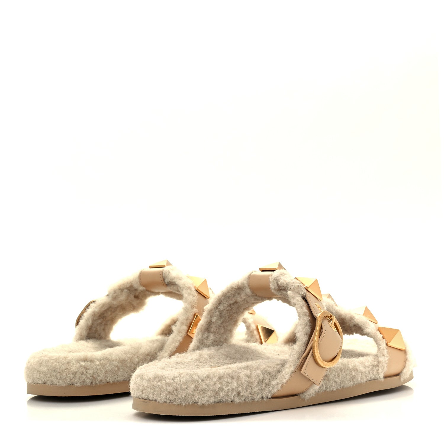 Valentino Garavani Shearling Roman Stud Slide Sandals 37 Sahara Beige 4 of 10