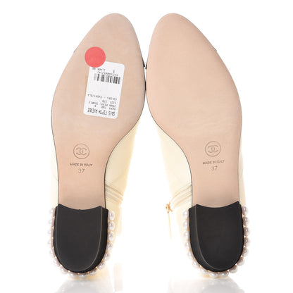 Chanel Lambskin Grosgrain Pearl Cap Toe Short Boots 37 Ivory Black 5 of 9