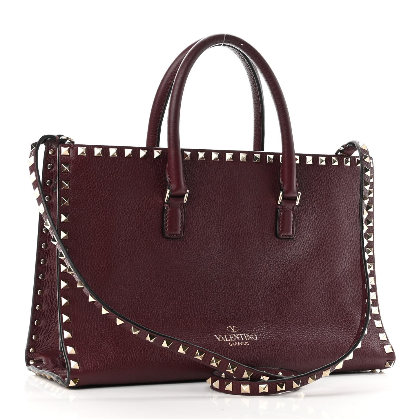 Grained Calfskin Medium Rockstud Double Handle Horizontal Tote Rubin