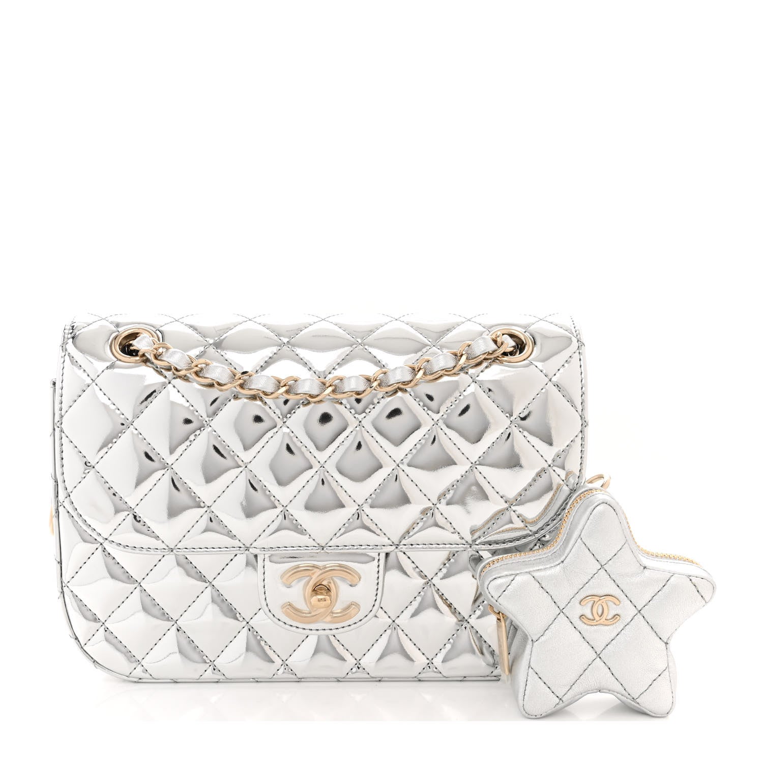 Chanel Mirror Calfskin Metallic Calfskin Medium Hollywood Boulevard Flap With Star Coin Purse Silvery 3 of 11