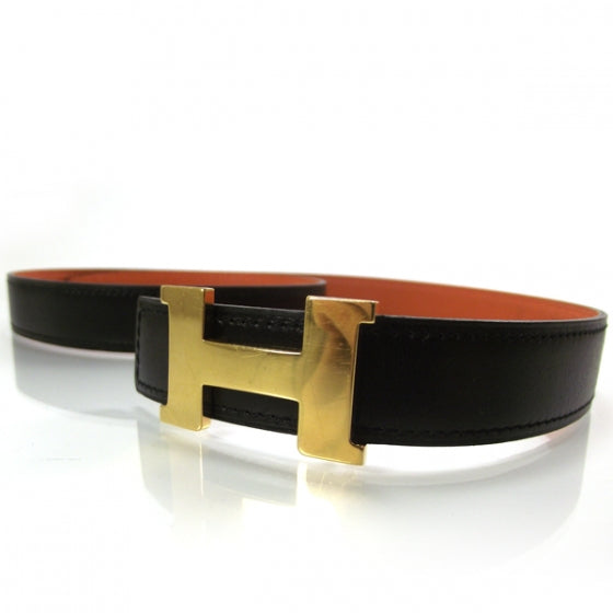 Leather Reversible H Belt 80 Black and Orange