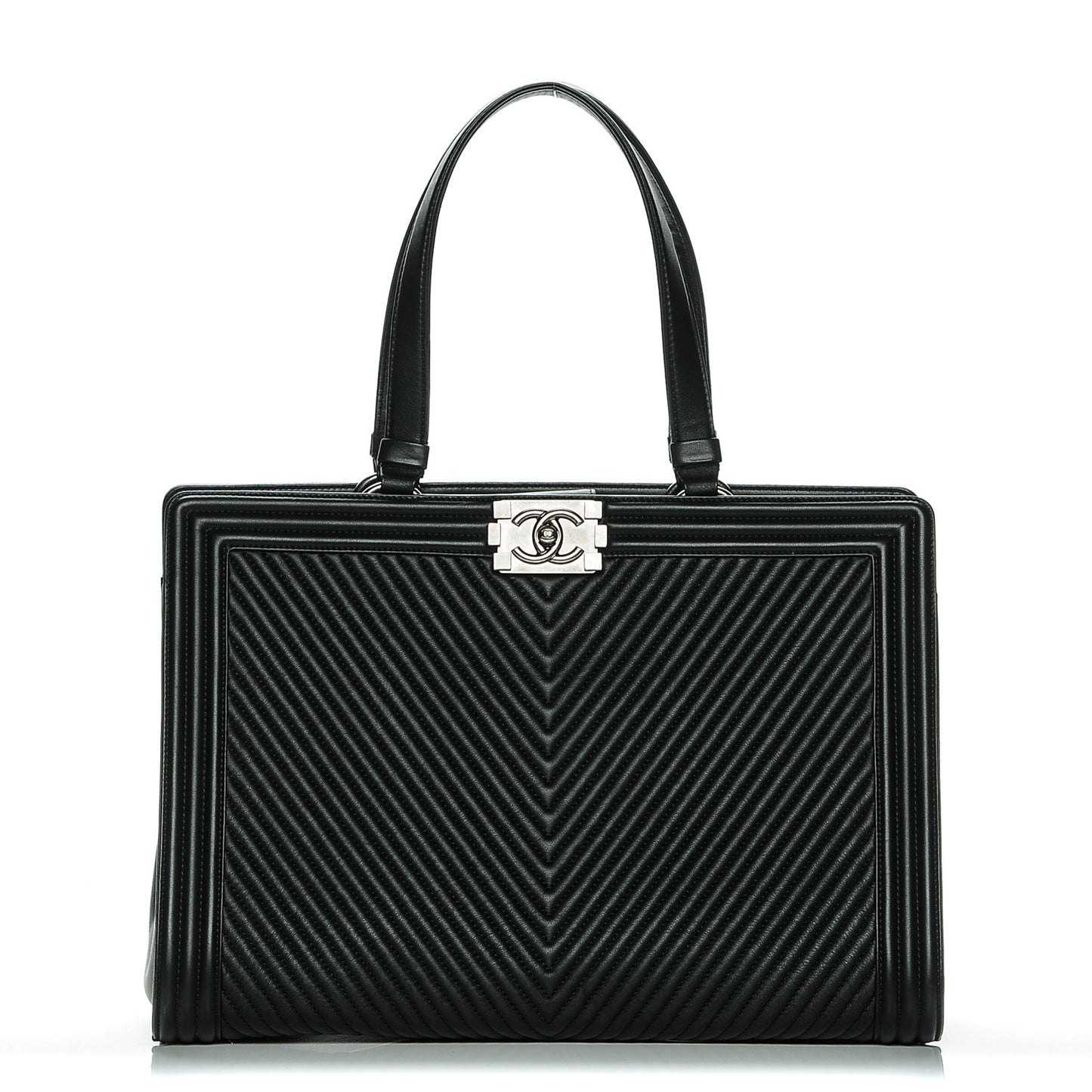 Calfskin Chevron Quilted Boy Shopping Tote Black
